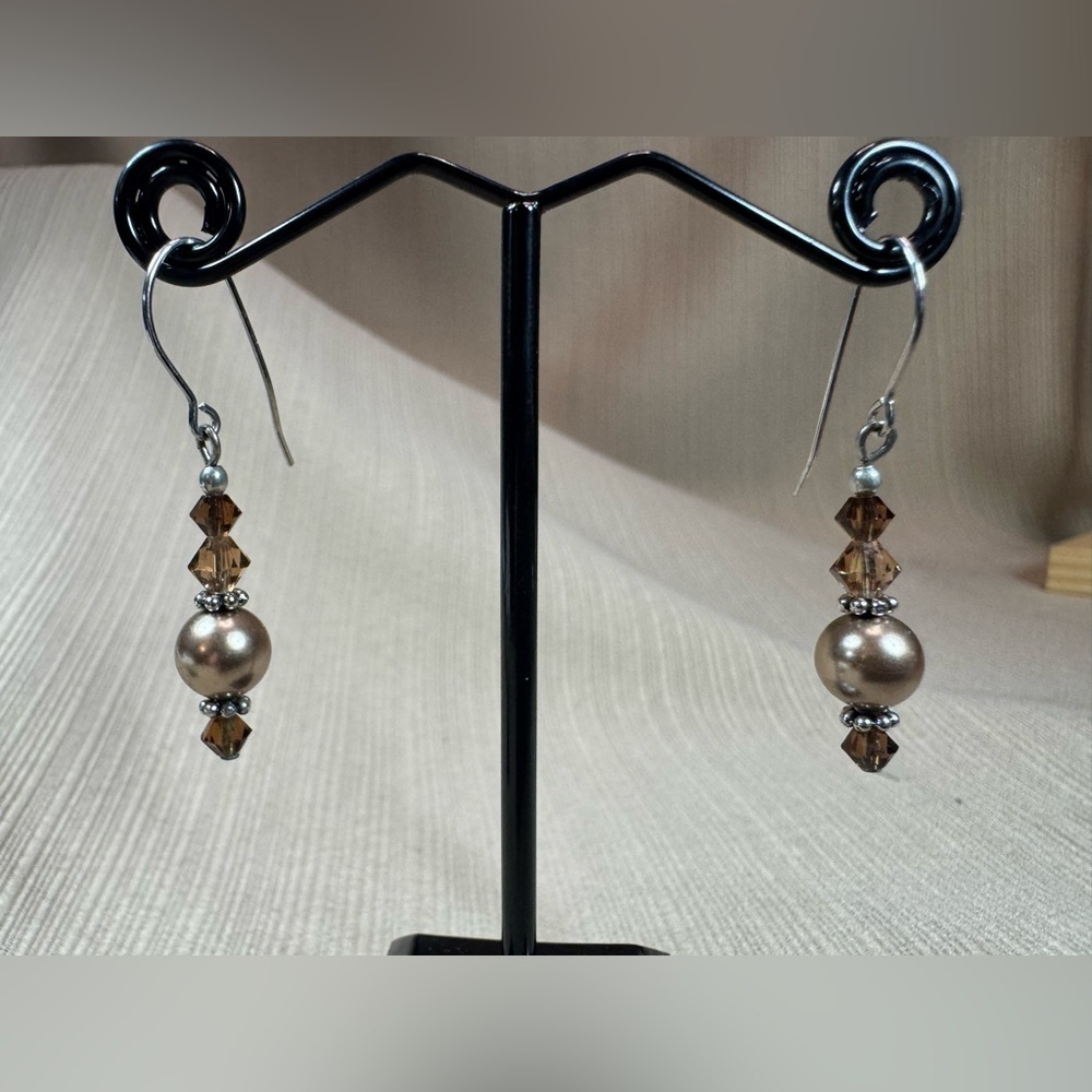 Elegant Brown Pearl Drop Earrings With Crystal Bead Accents